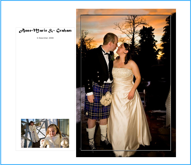 Title page of Anne-Marie & Graham’s Scottish wedding album with kisses at sunset in the snow
