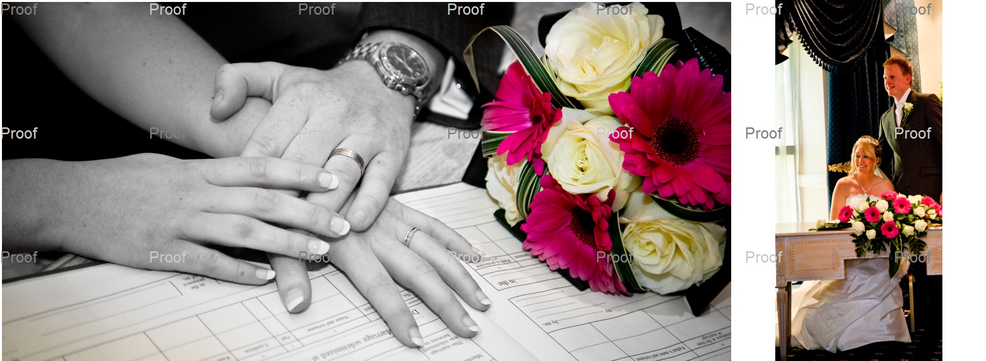 wedding bouquet with bride and groom’s hands in wedding storybook album pictures