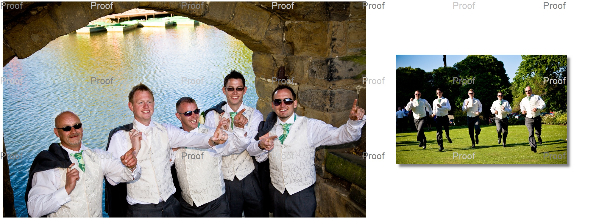 groomsmen running at Waterton Park Hotel wedding