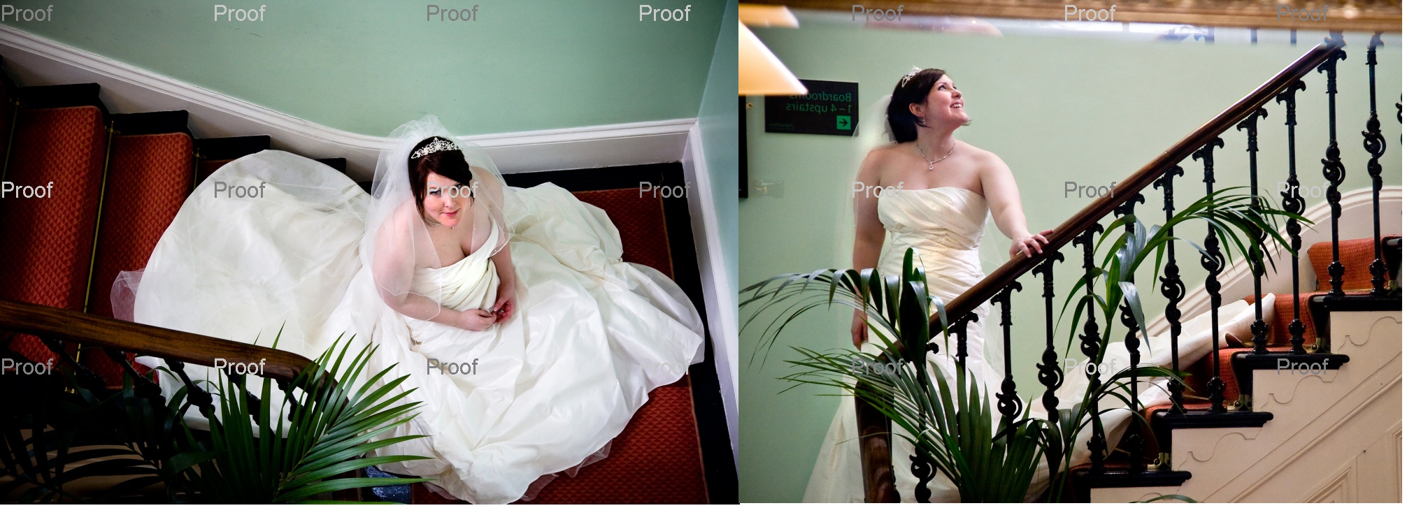pages 68-69 of wedding storybook album with bride on staircase and in mirror at Chancellors Hotel
