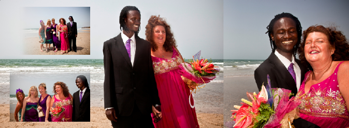 bride, groom and friends on the beach in Gambia