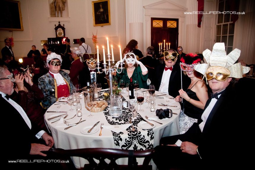 wedding guests at masked costumed wedding reception in Bath