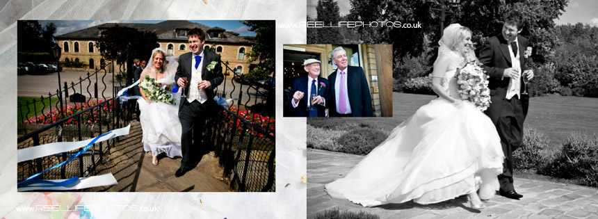 wedding photos on Waterton Park bridge as bride crosses over to Walton Hall