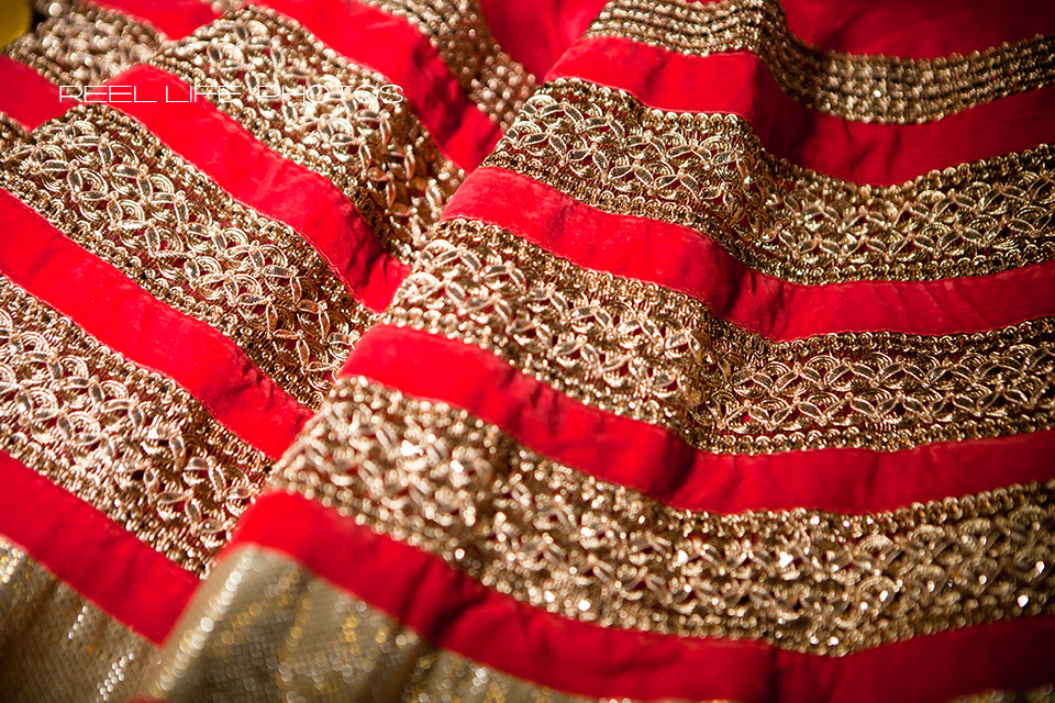 details from the full skirt of a modern Asian wedding dress
