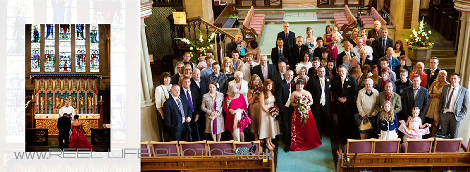 Rainy day wedding pictures, so the wedding photographer takes the big group photo inside the church