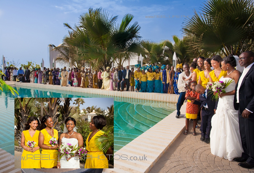 wedding photos of muticultural wedding guests in Gambia around the pool at Coco Ocean
