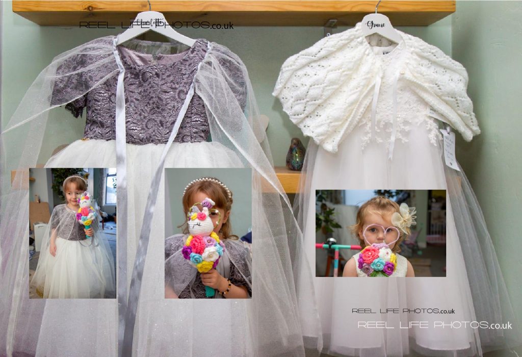 Flower girl's dresses and crocheted bouquets in Italian wedding storybook. 